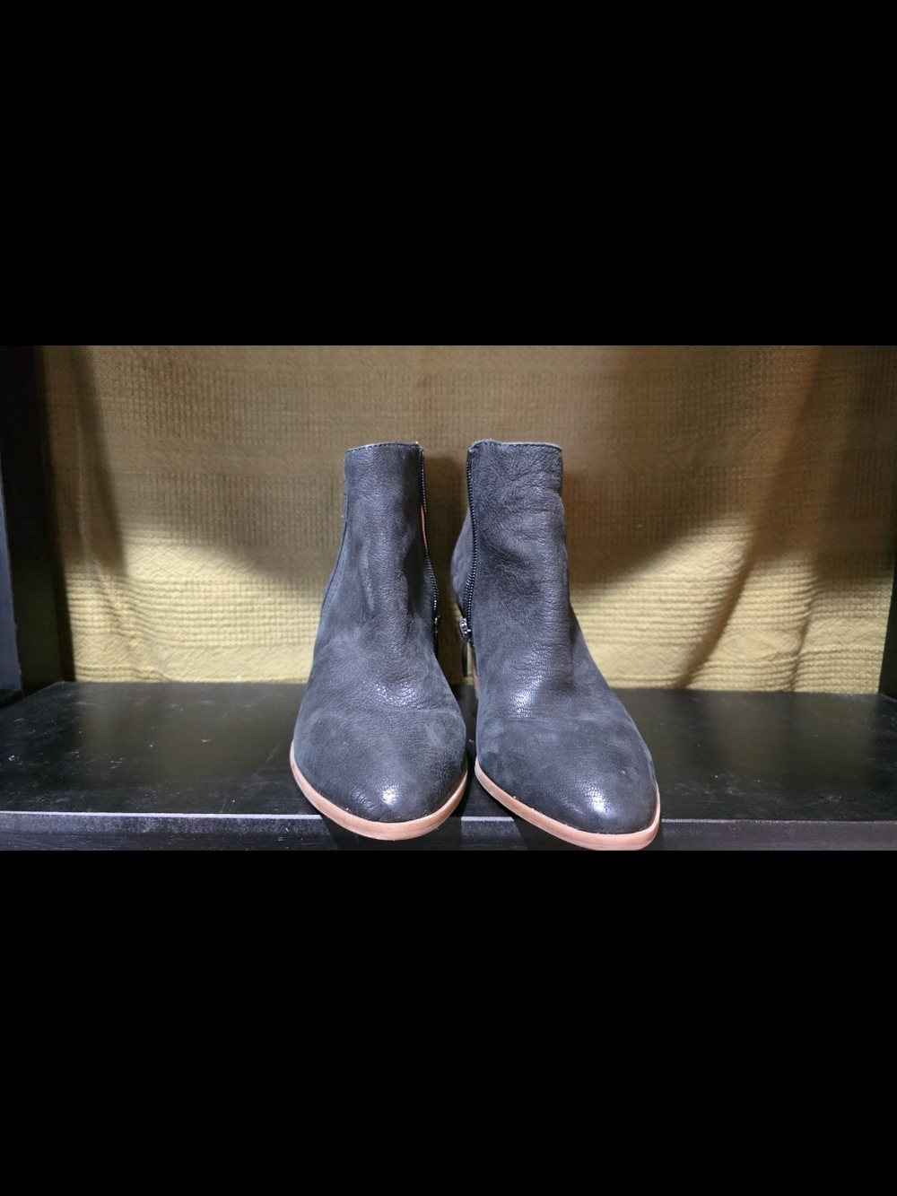 Franco Sarto Black Leather Ankle Booties with Contrasting Tan Sole